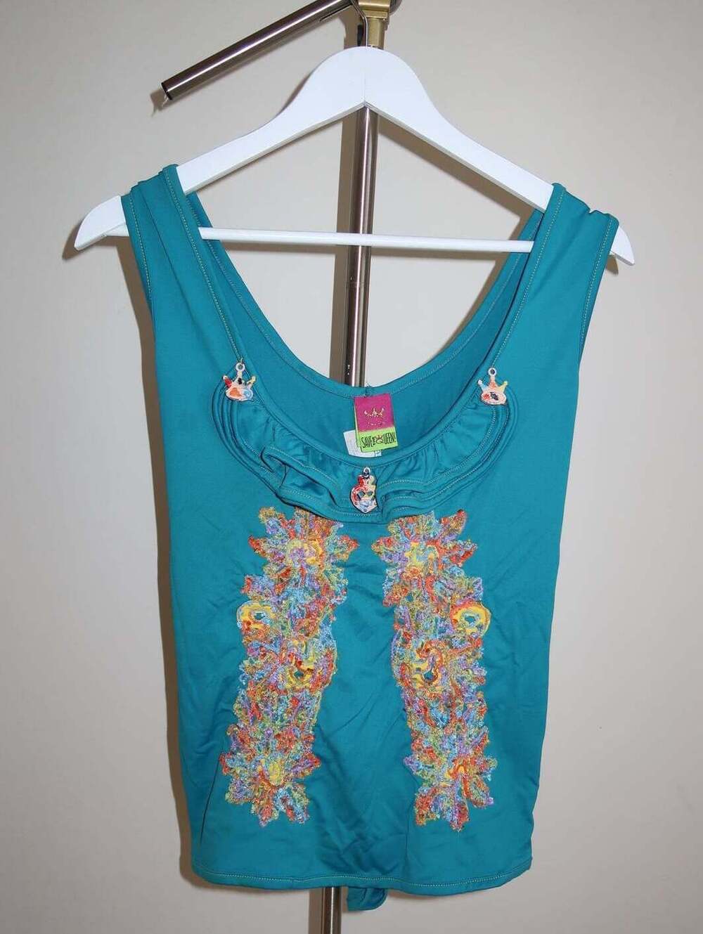 Save The Queen Blue Floral Appliqué Tank